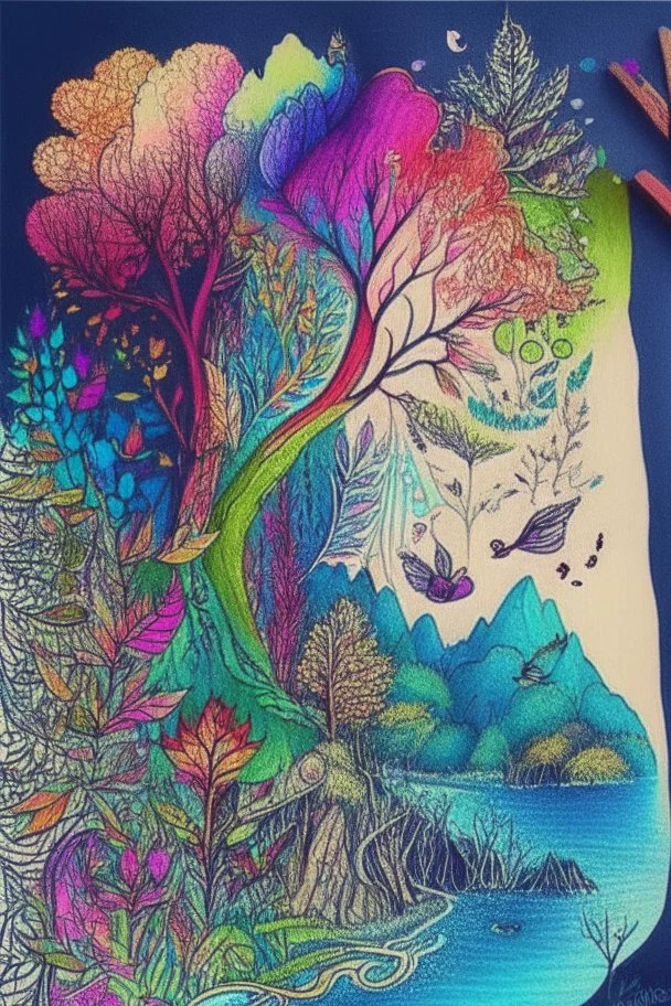 Nature doodle drawing, vivid colors