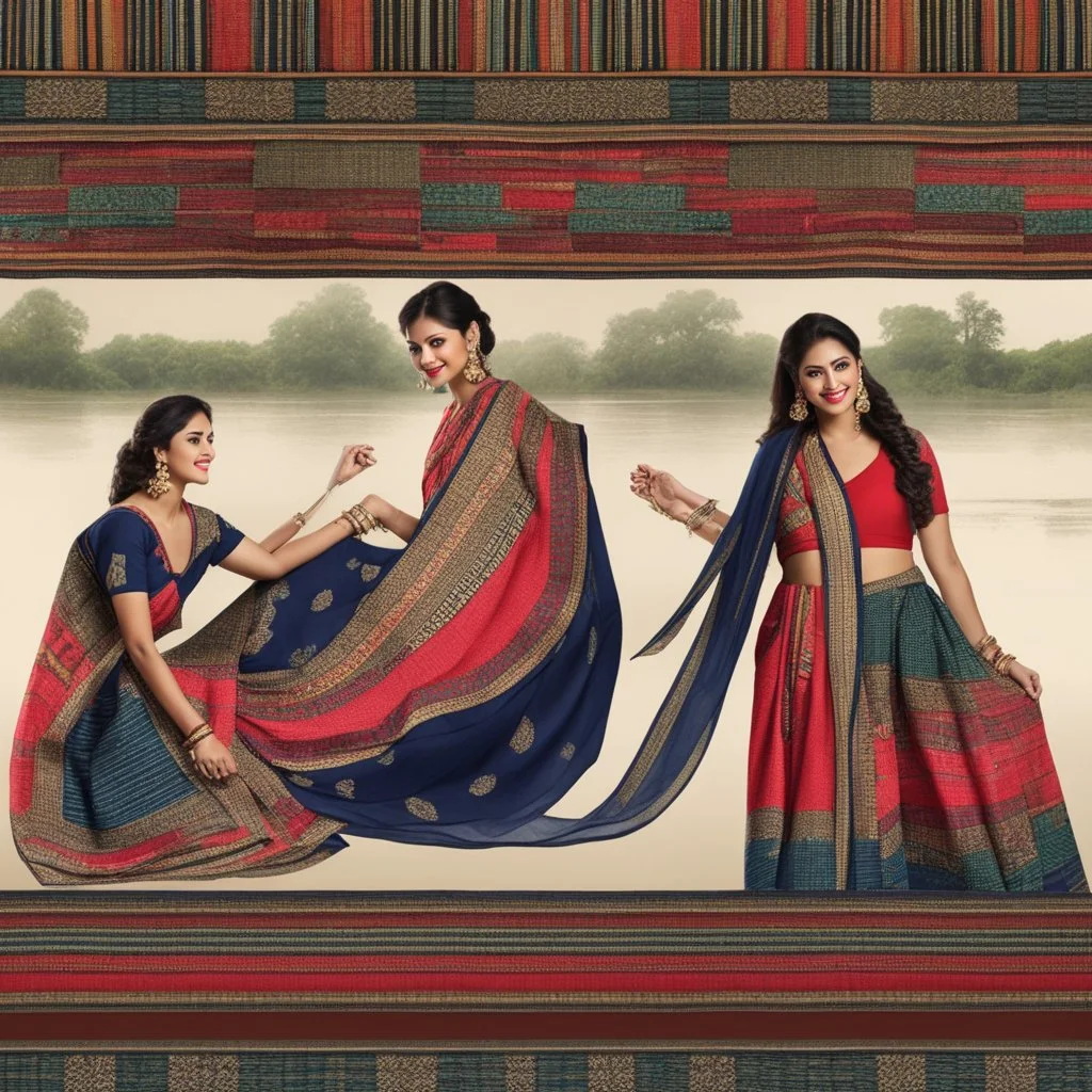 Aesthetic, 3D, Digitized, Hyper realistic, Surreal, Mesmeric, "Assamese Ethnic Tribal / Traditional Woven Women Attire" & Textile (Handloom) Industry themed Mekhela Chador (The bottom half of this distinct dress is called the 'Mekhela ', a round fit used waist downwards over a petticoat) designs, **Featured Designs:** The Revivalist - A young Assamese woman on a mission to revive fading weaving traditions. She combines old and new in her advocacy for mekhela sador. **Appearance:** Fictional fema