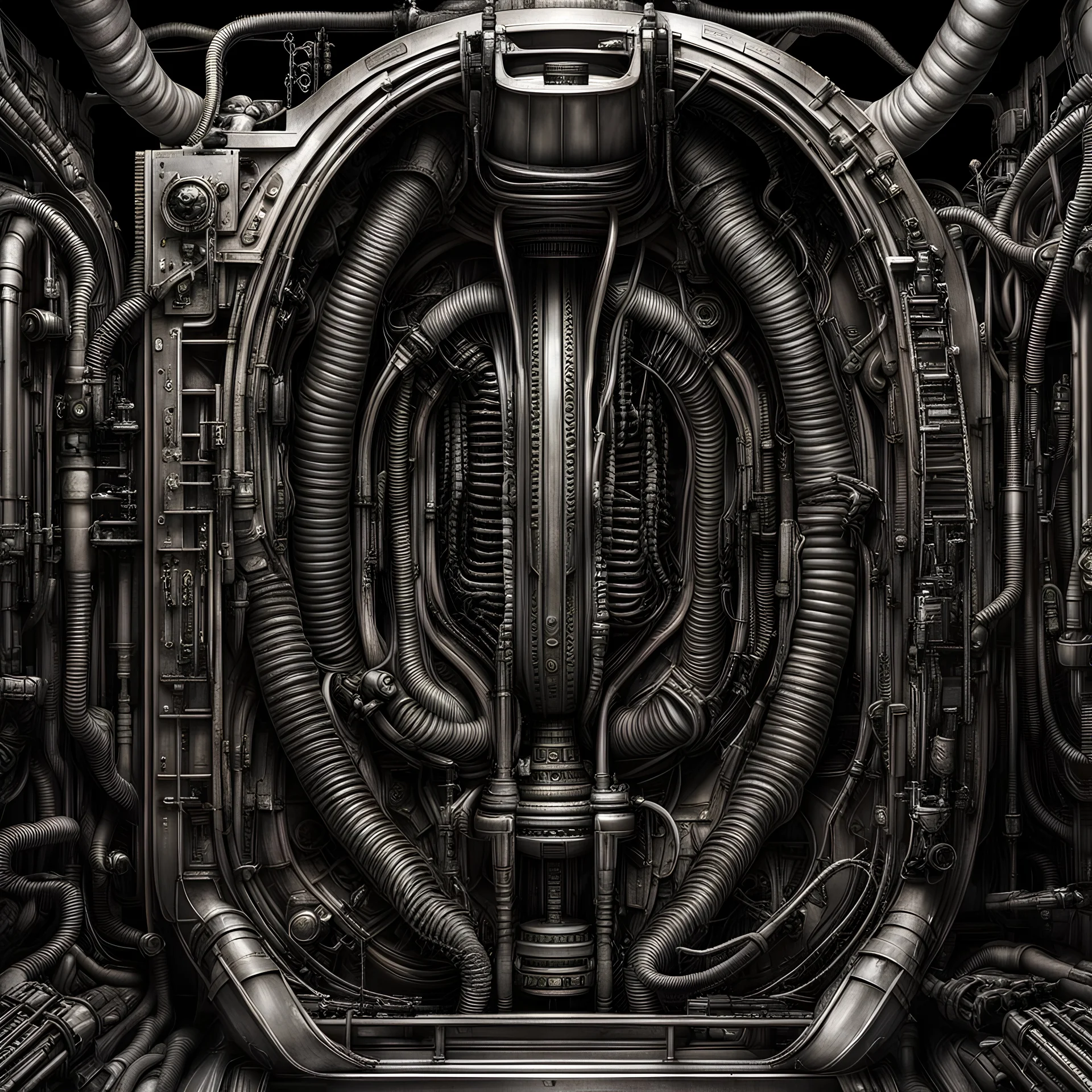 Photorealistic industrial edge, by Giger, biocontainment cannister infinity stretch, maximalism