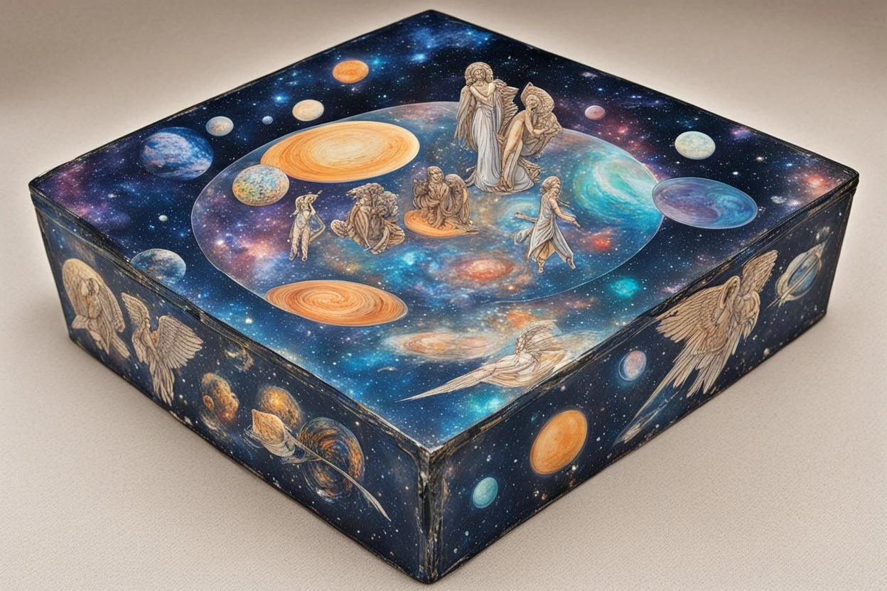 a box for storing things with beautiful drawings a lot of colours, detailed, angels, minerals, planets space, galaxies, pyramids