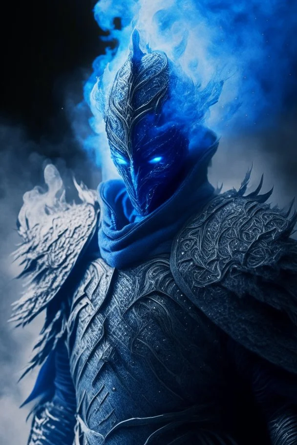 blue smoke in a shape of humanoid of colour of a storm wearing a scalemail armor