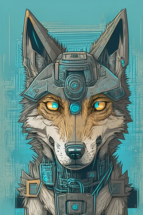 Robotic wolf looking at the camera, comic style