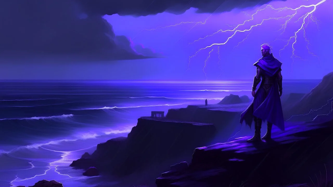 Purple Corn,Photo-realistic scene ,desolate, standing on a jagged cliff, overlooking turbulent, inky black ,A storm brews in the distance, with dark, ominous clouds gathering, powerful beam pierces the darkness, and within its light, ethereal shadows of shipwrecked souls can be seen, their translucent forms forever searching for a way home.