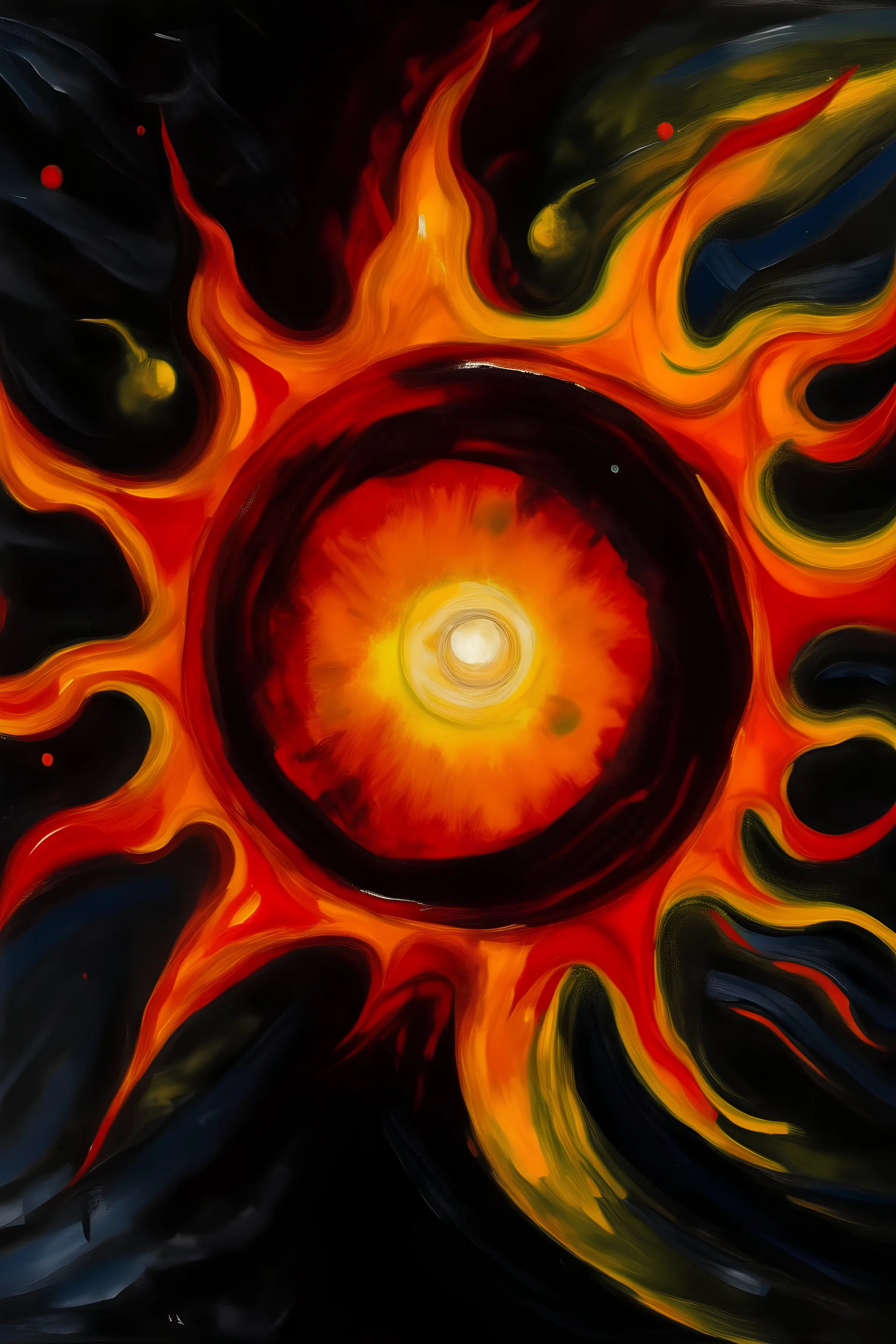sol con rostro en erupción en el espacio en tinieblas estilo expresionista