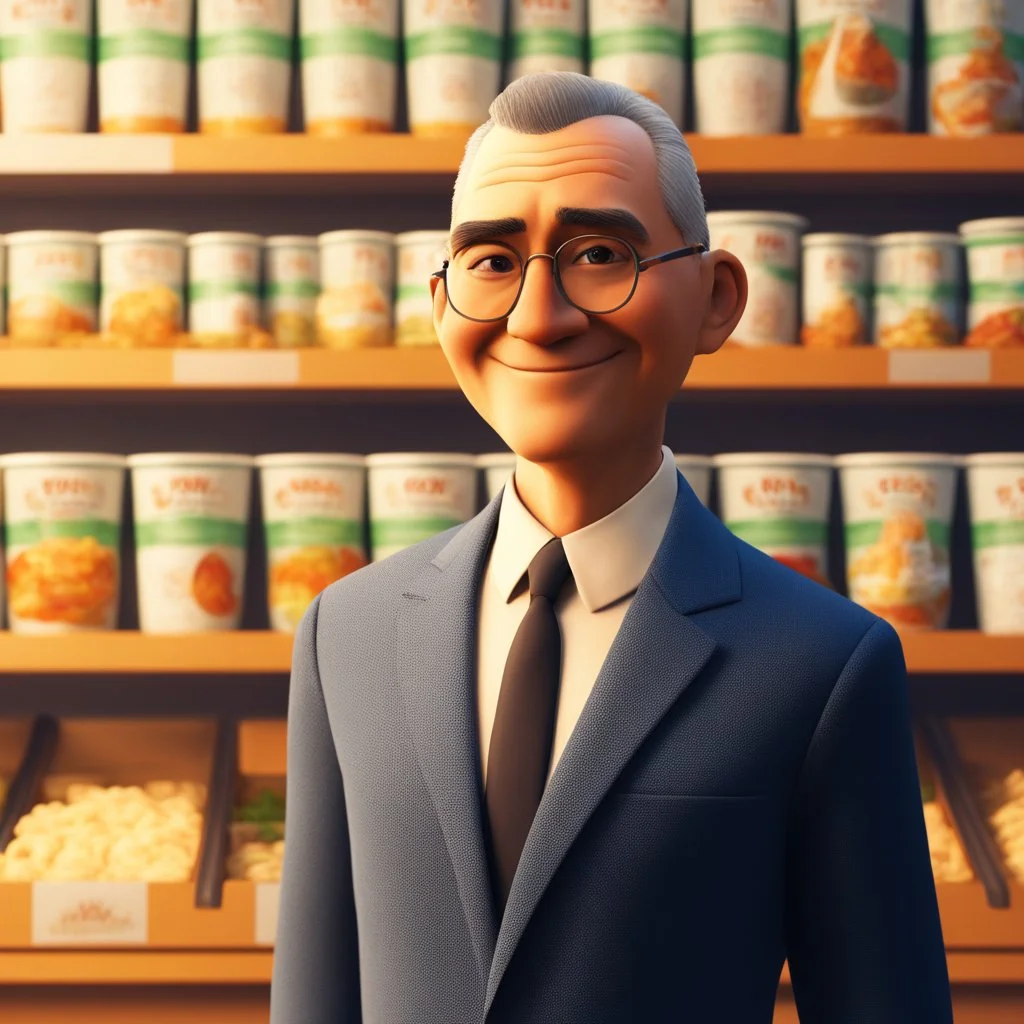 Disney pixar 3D style tan skin middle aged man with crew cut hair wearing thin round glasses and suit in food background smiling. close up