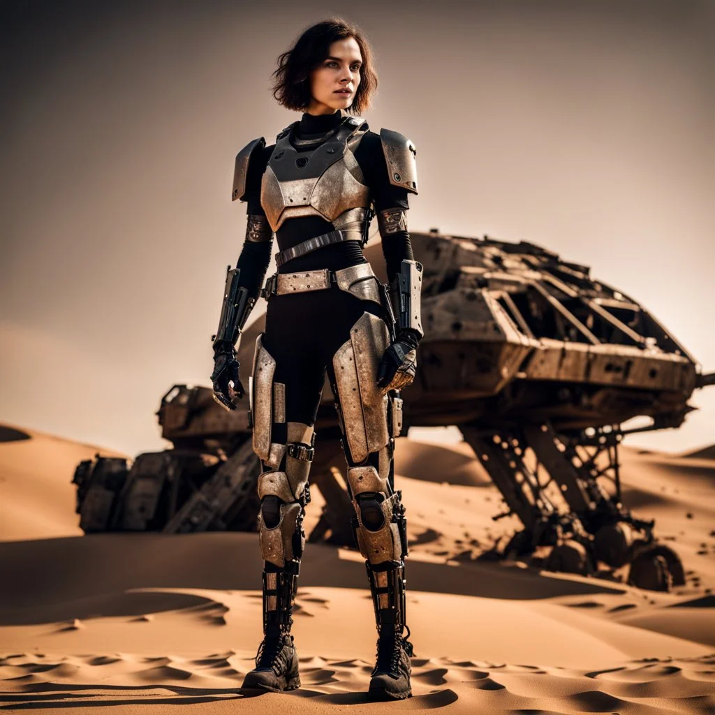 beautiful caucasian female soldier cyborg, black metal body and limbs, visible cybernetic limbs, scratched sand camo metal details, short brunette wavy bob haircut, dystopian, desert scene