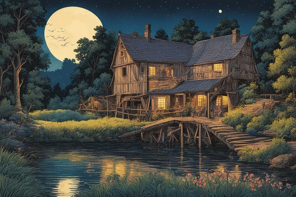 museum quality color woodcut landscape of a fanciful 18th century ramshackle half timber French country millhouse with waterwheel, nestled on the banks of the Dordogne River , on a blissful summer moonlit night, in the style of Gustave Baumann, with a fine art aesthetic, highly detailed, finely cut ,8k render, soft early summer colors