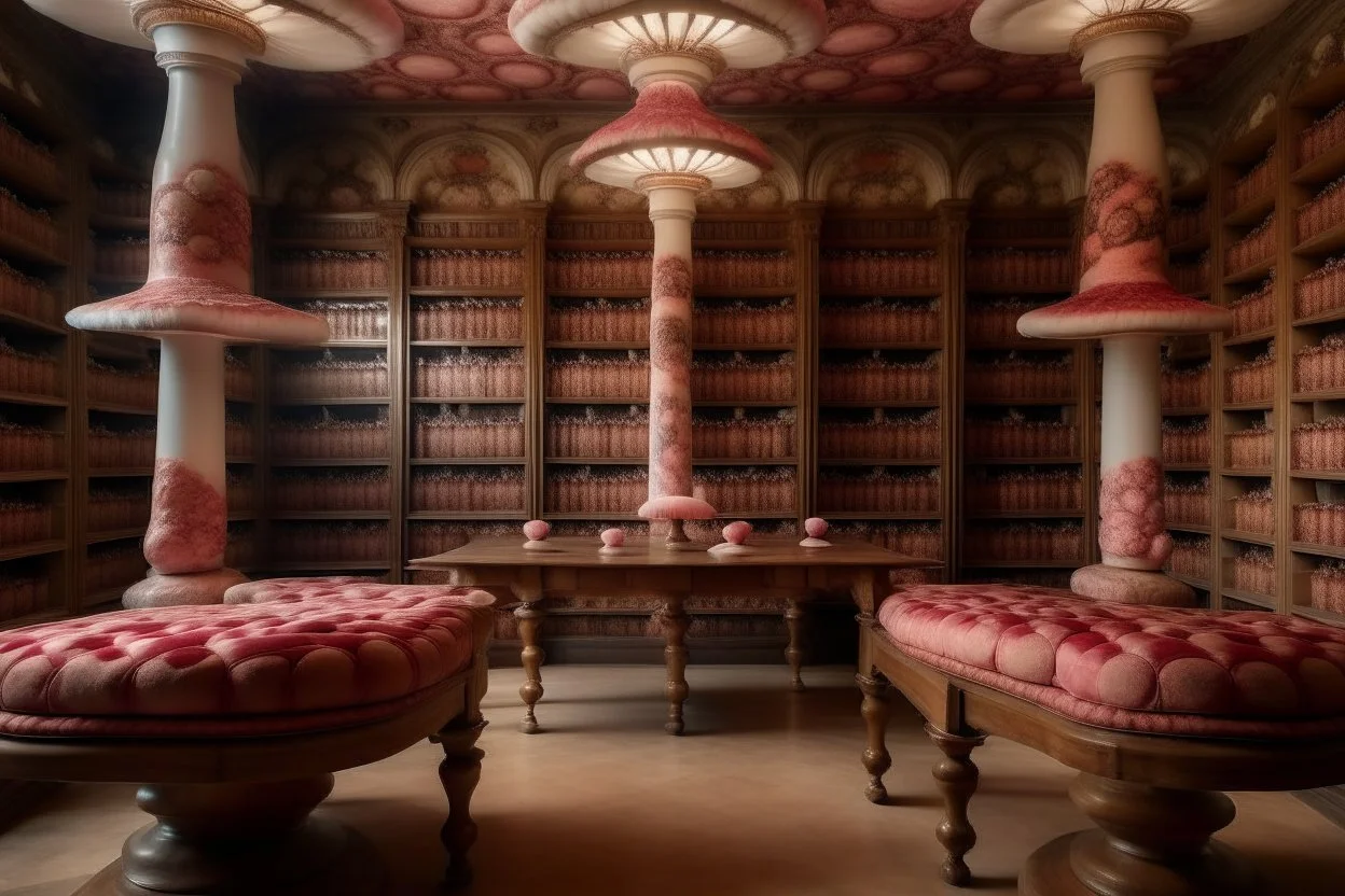 A library covered in pink mushrooms designed in medieval tapestry