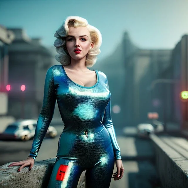 Realistic image, retro sci-fi, portrait, waist up view, blonde woman, sweet Marylin Monroe face, perfect iris, glow eyes. tight latex tights suit. Retro Futuristic city, cars flying. epic style, vibrant color, highly detailed, unreal engine 5, ray tracing, RTX, lumen lighting, ultra detail, volumetric lighting, 3d, finely drawn, high definition, high resolution.