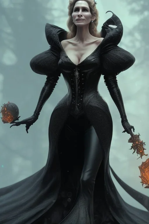 Julia Roberts as evil queen in black leather gown, evil, busty, cleavage, curvy, angry, stern look. character design by cory loftis, fenghua zhong, ryohei hase, ismail inceoglu and ruan jia. unreal engine 5, artistic lighting, highly detailed, photorealistic, fantasy