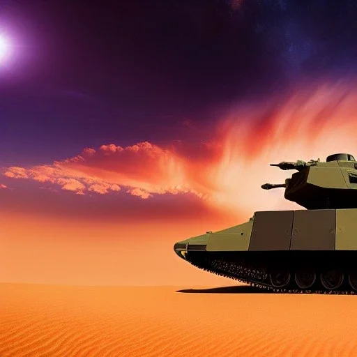 volumetric dramatic Wide desert view with futuristic hovering military armored Hovercraft tank painted by chris foss, floating, hover, 4k, 8k, [hovercraft] Minutiae, highly detailed, render, rivets, hovering, stripes, sunset duststorm, nimbus clouds