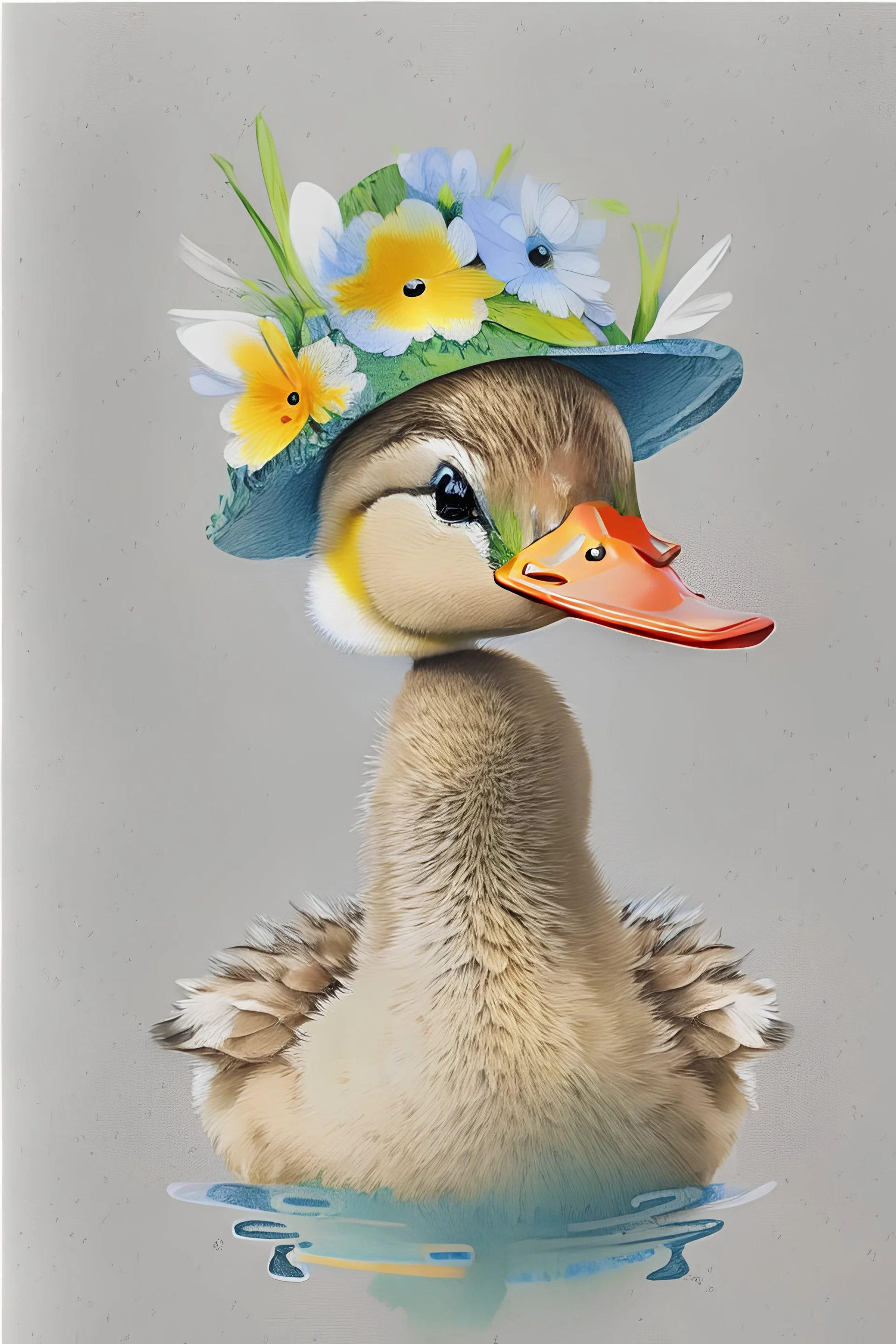 A cute duck with a flower hat design print on demand , white background .