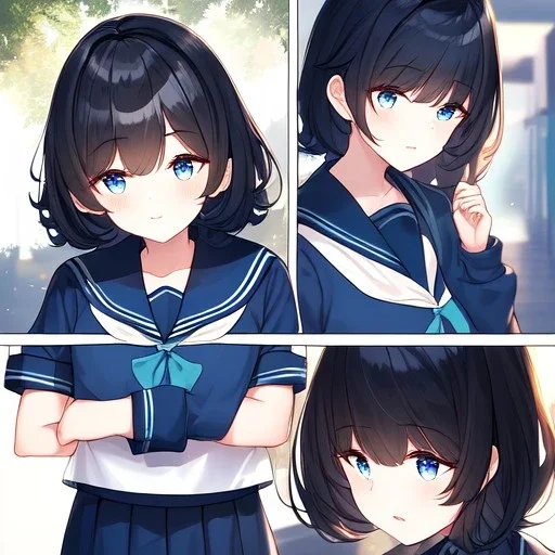 Clear focus,High resolution, Black short fluffy hair, and blue eyes, wearing a sailor uniform, Great quality comic