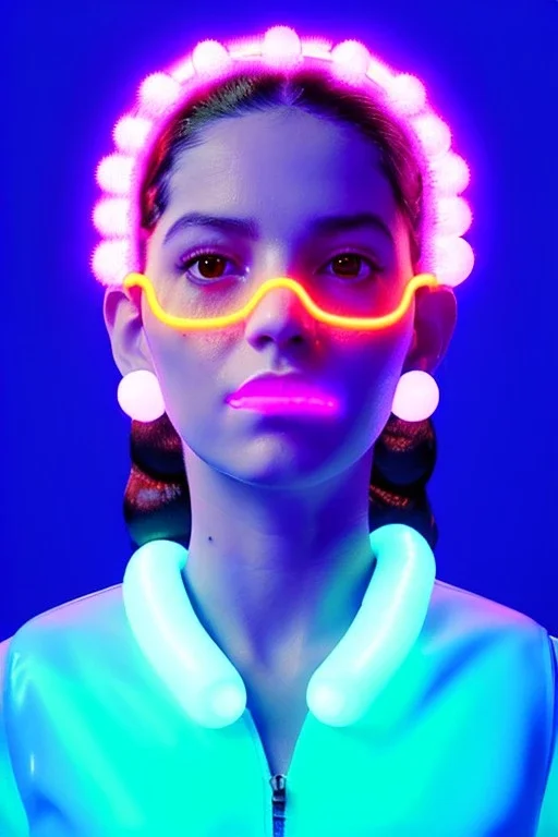 Rosalía, artist, 30 years old, Realistic, waist up portrait. Eyes, glow, circle iris, eye liner. Hair, pigtails. make up, glow. lips, gold. big rings piercing, led ornament, pearls. Coat, smile pin, inflatable latex, cold, led lights, minimal, neon, pink, blue, gold, vibrant color, highly detailed, art stations, concept art, smooth, unreal engine 5, god lights, ray tracing, RTX, lumen lighting, ultra detail, volumetric lighting, 3d, finely drawn, high definition, 4k.