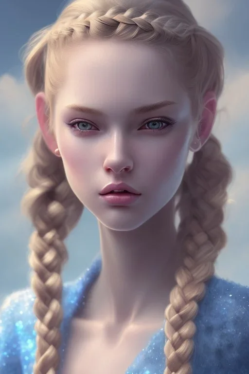 girl, cute, beautiful, blonde hair, braided hair, blue eyes, big eyes, pale skin, blue dress, ice dress, long eyelashes, pink lipstick, thin lips, small nose, semirealistic, 8k resolution concept art portrait by Greg Rutkowski,