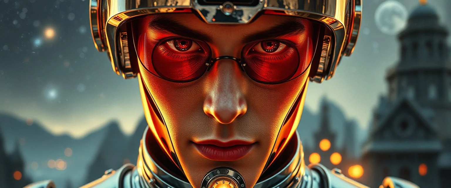 close up portrait of inter-galatic handsome spy, the first nation, robotic witchcraft, cyberpunk village, sci-fi, strange chrome vessels