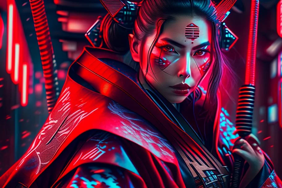 A beautiful cyberpunk samurai in a futuristic red 8K kimono