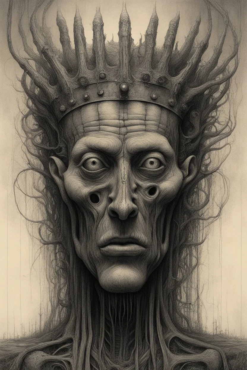 The face of a king with a hairy crown, a thin line draw ، front view camera, decayed and rotting with grotesque proportions and imagery. surreal horror, biomechanical design, by hr giger and beksinski , fine lines draw