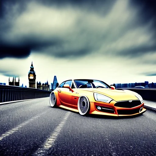 A Tesla's 'Model S Plaid' is racing at top speed, across the 'Tower Bridge', in London. CINEMATIC. WIDE ANGLE LENS.