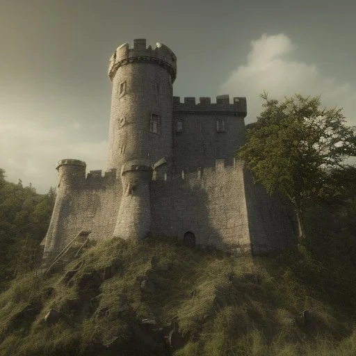 Old stone castle with trees in the background photo realistic