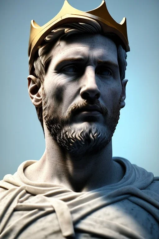 Ultra Realistic image, Roman sculpture, white marble material, Lionel Messi, gold crown of natural thorns, god crown, Renaissance style, sun rays background, waist up portrait, epic, celestial, cinematic lighting, God lights, 4k resolution, smooth details, soft lighting, unreal engine 5, art station, substance 3d.