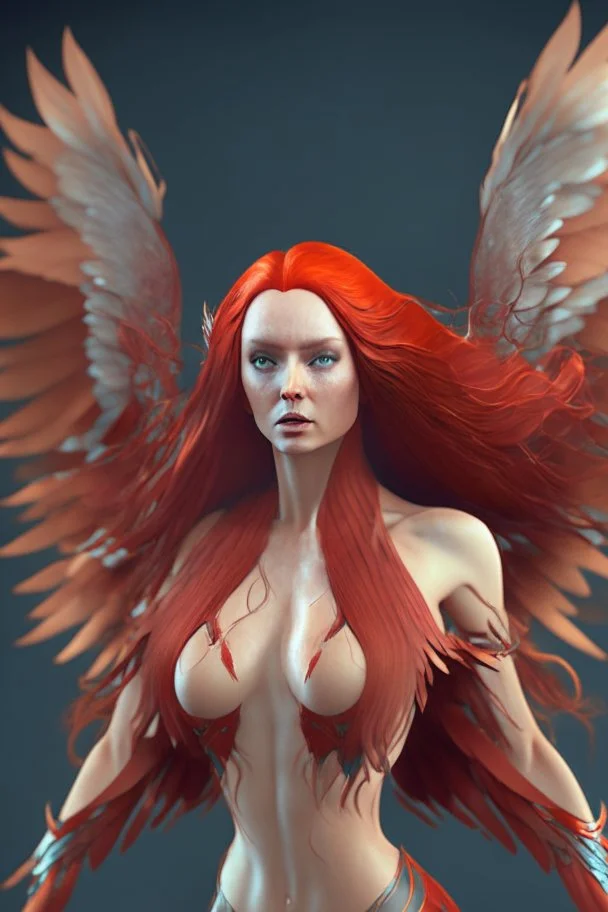 Full body shoot of stunning beauty woman royal phoenix woman with long red hair fluttering in the wind and scaly wings, minimal clothing, extremely muscular, dynamic pose, perfect detailed face, detailed symmetric hazel eyes with circular iris, realistic, stunning realistic photograph, 3d render, octane render, intricately detailed, cinematic, trending on artstation, Isometric, Centered hipereallistic cover photo, awesome full color, hand drawn, dark, gritty, mucha, klimt, erte 12k, high defin