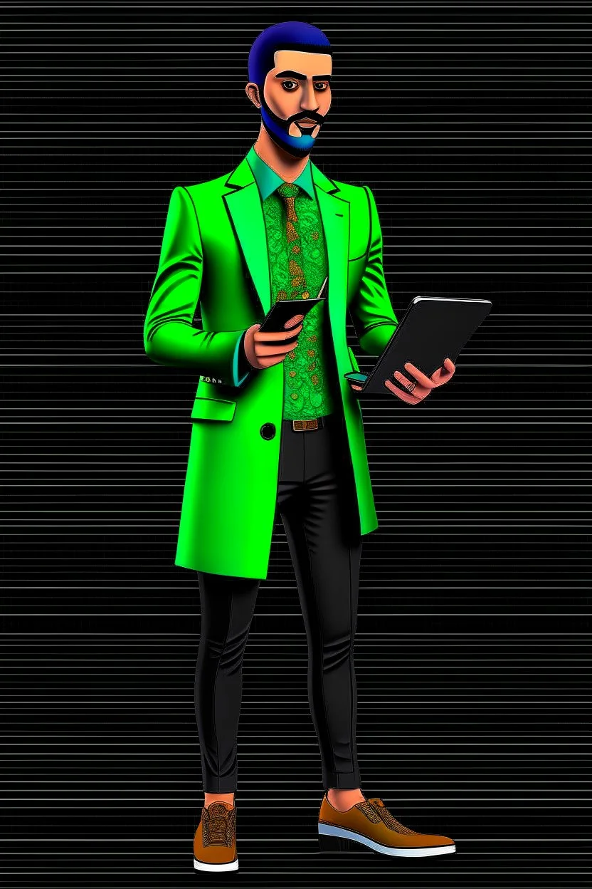 Modern guy, 20s, holding "ipad" in left hand, looks like a renaissance painting, walking forward, full body, "persian green coat", blue pants, "right hand in to the ground". "Front facing" "forward view" black background