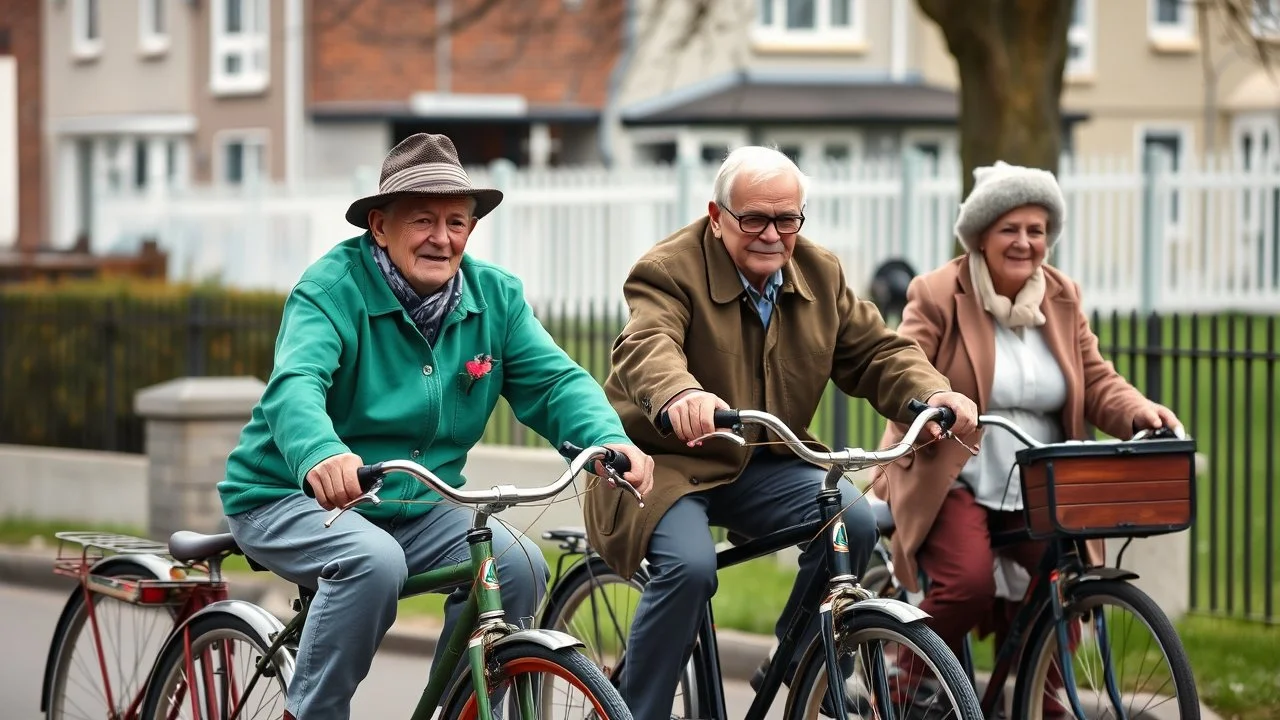 Elderly pensioners on penny-farthing bicycles. Photographic quality and detail, award-winning image, beautiful composition.