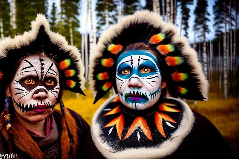 Northern Native people, indigenous, birch-bark in the face of Kekripukki, Scary Horns, Midwinter, Ghost, Mystic, Haunted Children, Witch, Wizard, Sage, Traditional Costumes, Full Face Painted colorfully. Arctic Hills, Strange Forest, Haunting Atmosphere, Crazy, North-Carelia, Karelia, Karjala, Karjalainen, traditional Carelian costumes, itku, black tears