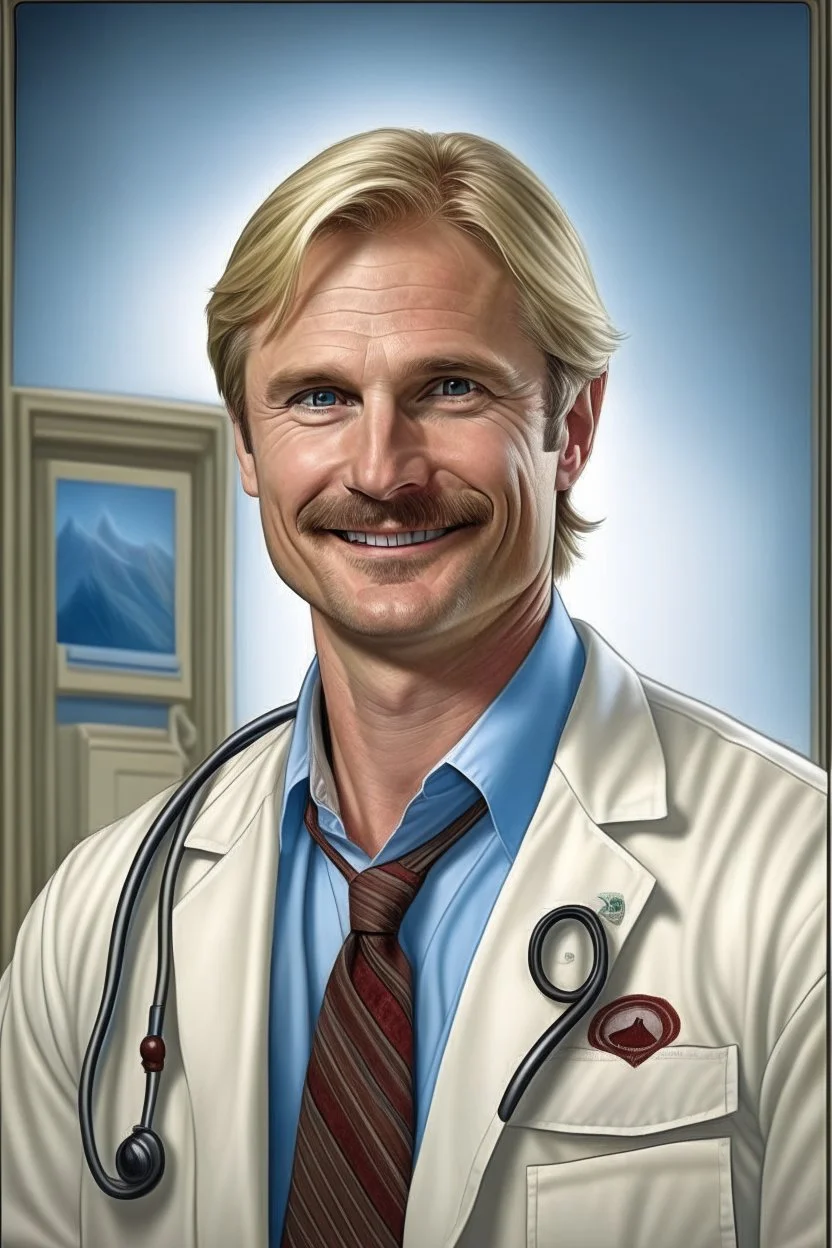 Mid-thirties, Caucasian male doctor, kind smile, blonde hair (slightly disheveled) thick blonde mustache, pale blue eyes, broad shoulders, muscular, six foot, Hawaiian shirt under white lab coat (with blood stains around the edges) , Strong Jaw line, shadowy tendrils,stethoscope draped around neck, photo realistic