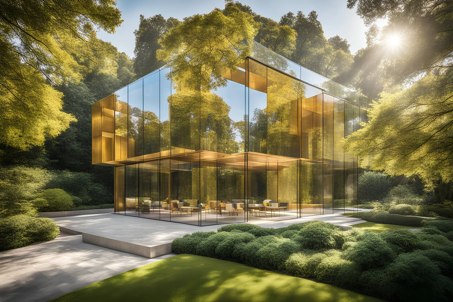 A square architectural masterpiece suspended in the sky, the sunlight casting a golden glow on its modernist facade, large glass walls reflecting the vibrant colors of a nearby garden, creating a harmonious blend of nature and contemporary design, Realistic photography, shot with a Nikon D850 and a 50mm lens