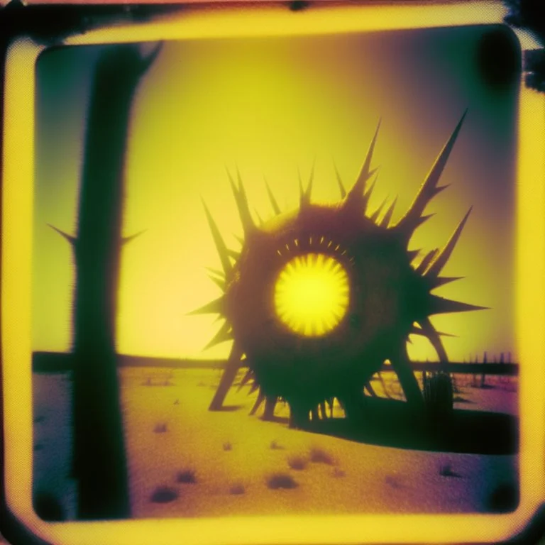 Close-up polaroid of a creepy surreal landscape, monsters, eerie, Max Ernst style, very surreal, spooky metaphysical structure, giant sun, intricate, thoughtful, appalling, deep 3d field, 8k, noon-light, hypermaximalist, high resolution, Cinematic film still, shot on v-raptor XL, film grain, vignette, color graded, post-processed, cinematic lighting, 35mm film, live-action, best quality, atmospheric, a masterpiece, epic, stunning, dramatic