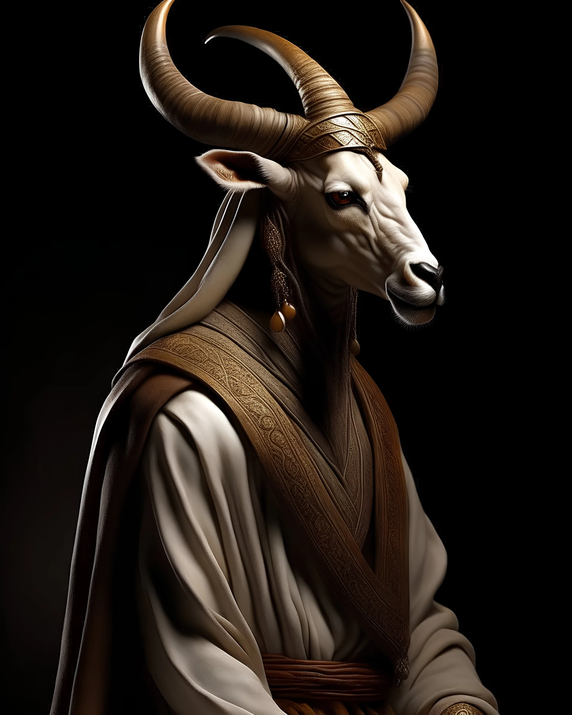 Create a realistic shot of the Arabs of Capra full body with round long horns that appear with glory and glory with high detail and warm and soft lighting,