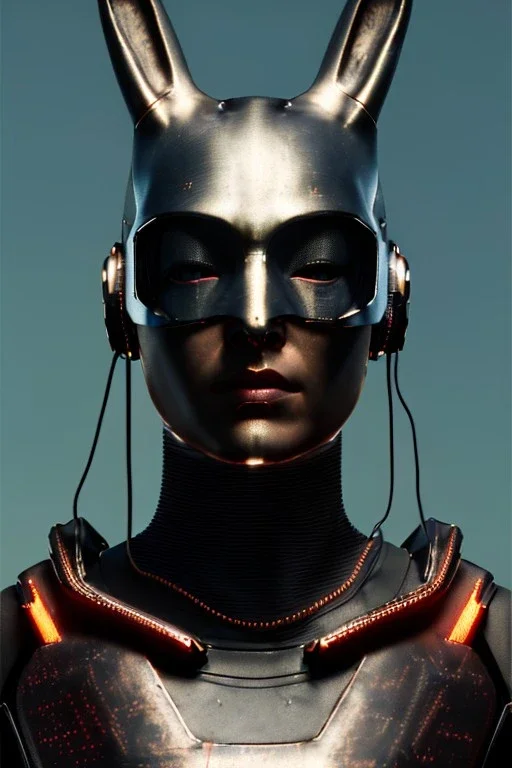 Medium Close Up Portrait, Front image. cyberpunk, rabbit mask, teenager, asian woman, cyber helmet head. Titanium dress. Red, black, color. Steampunk style. renaissance ornaments, Color background, photo studio. Front image, highly detailed, concept art, smooth, unreal engine 5, ray tracing, RTX, lumen lighting, ultra detail, volumetric lighting, 3d, finely drawn, high definition, high resolution.