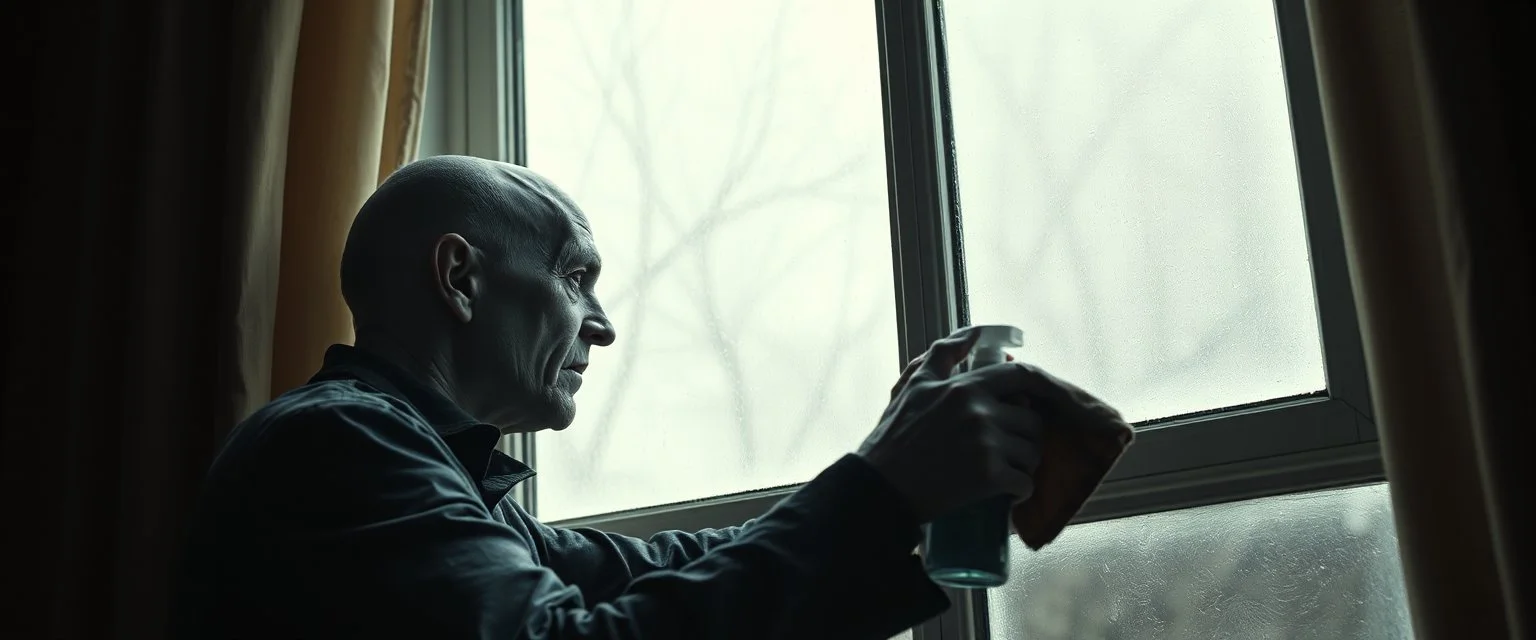 A photorealistic cinematic gothic horror scene of an extremely pale, sickly vampire quietly cleaning a large window in an ordinary old apartment during early morning. The vampire is doing the mundane task with calm, almost routine concentration, holding a worn cloth in one hand and a small spray bottle in the other. His skin is the main visual focus: extremely pale and unhealthy-looking, dry and uneven, with a naturally irregular organic texture, tiny pores, fine wrinkles, subtle flaky patches,