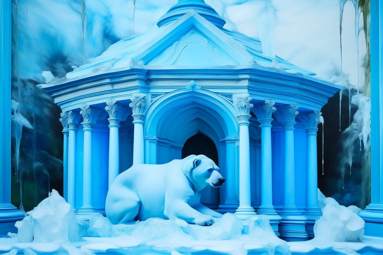 A sky blue icy temple with a polar bear painted by Giovanni Battista Sassi
