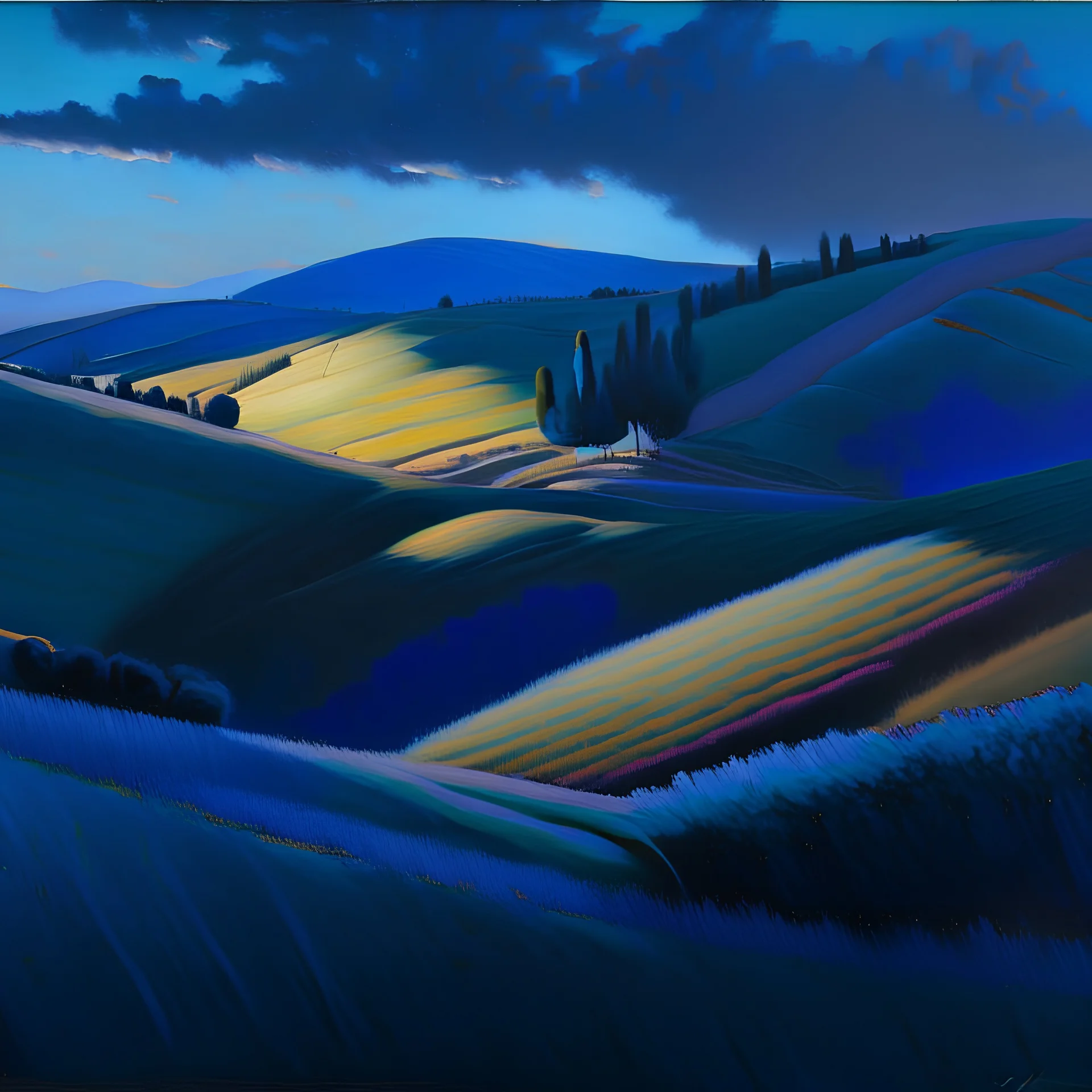 a fine oil painting of a landscape of rolling hills in the italian countryside, blue hour, bold chromaticity — ar 3:2