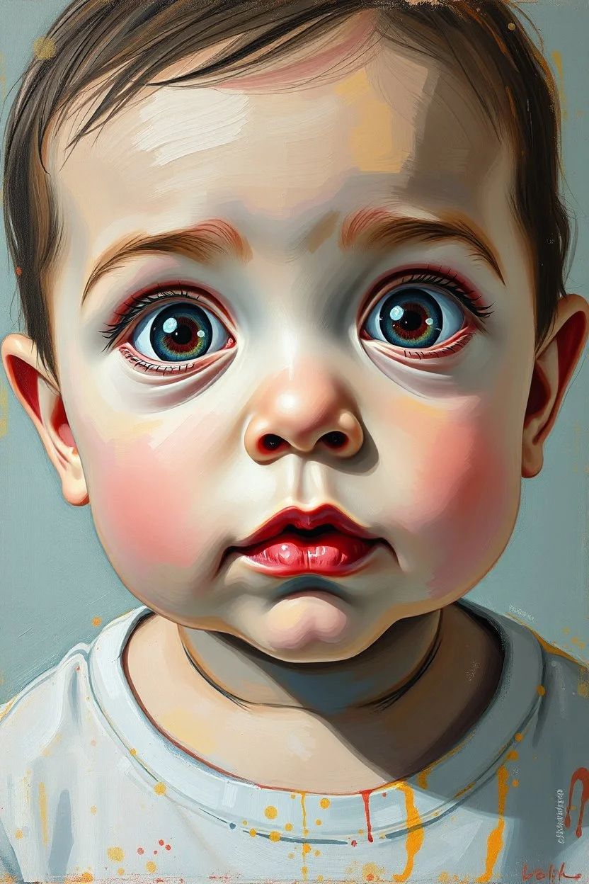 Busch paint style Abstract mean baby look with weird big eyes look to the camera portrait in flat oil colors