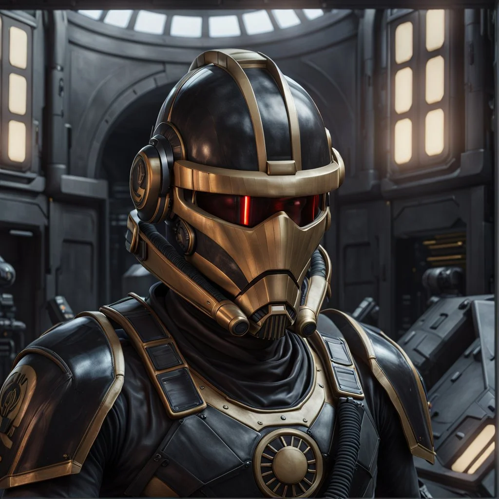 star wars bald male corellian pilot wearing pearlescent black and gunmetal grey First Order special forces heavy assault stealth commando armor and helmet with gold trim inside the jedi temple, hyperdetailed, dynamic lighting, hyperdetailed background, 8k resolution, volumetric lighting, light skin, fully symmetric details