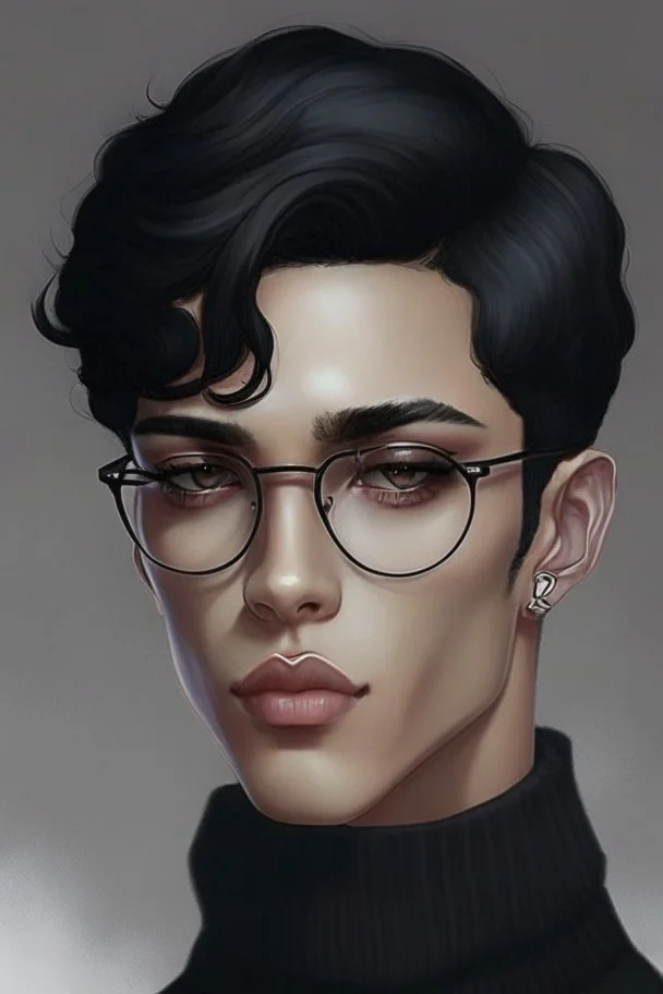 Short black hair, light skin, black skin tight turtle neck clothing, black round glasses, earrings, grey eyes, black eye shadow, man