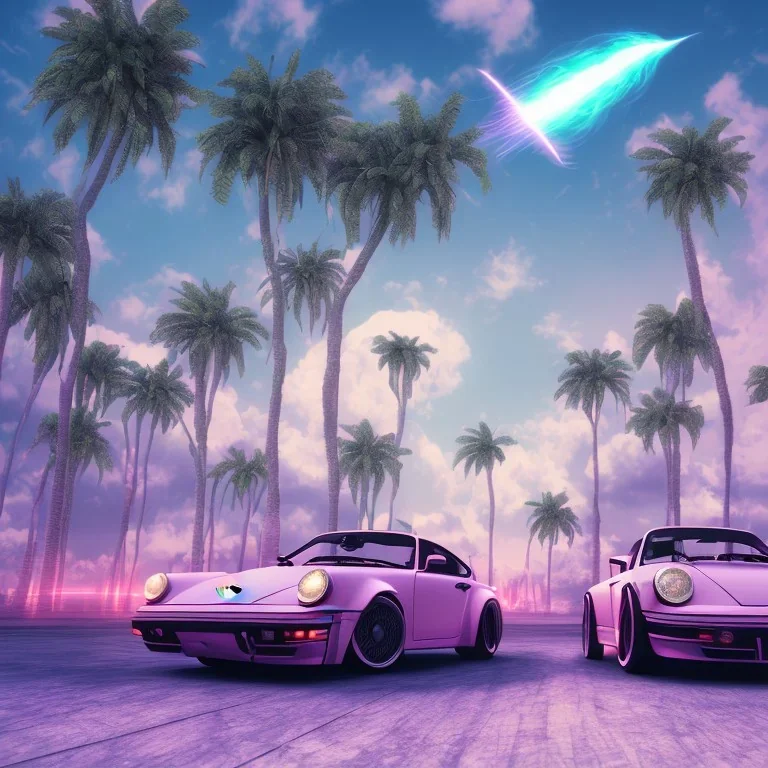 1980's aesthetic vaporwave palm trees and spheres and Porsche with lightning