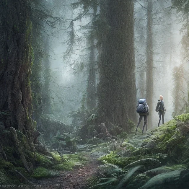 female hiker with backpack walking in the woods, alone, beautiful, stunning, solitude, 8k resolution, high-quality, fine-detail, intricate, digital art, detailed matte, volumetric lighting, dynamic lighting, brian froud, howard lyon, selina french, annie stokes, lisa parker, greg rutowski, alphonse mucha