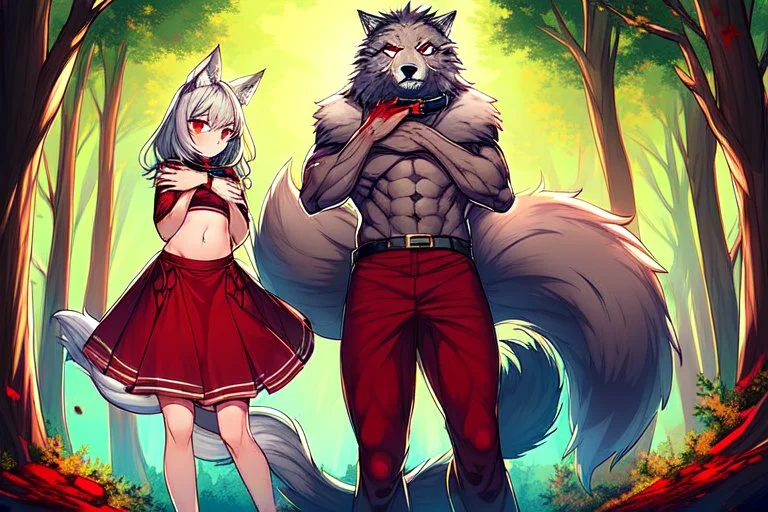 Girl, boy, forest, gray hair, wolf ears, wolf tail, open navel, hands on chest, blushing, standing by a tree, collar on neck, very short red skirt, blood on hands, long nails, wolf hair on legs, more red eyes, glowing mushrooms on trees, big tail