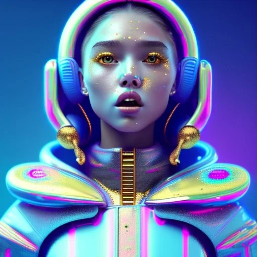 latin woman teenager, few freckles, gold teeth, inflatable coat, purpurin, retro futuristic, latex dress, gradient color, BLUE, PINK, CYAN, neon, insanely detailed, 16k resolution, perfect eyes, cinematic smooth, intricate detail