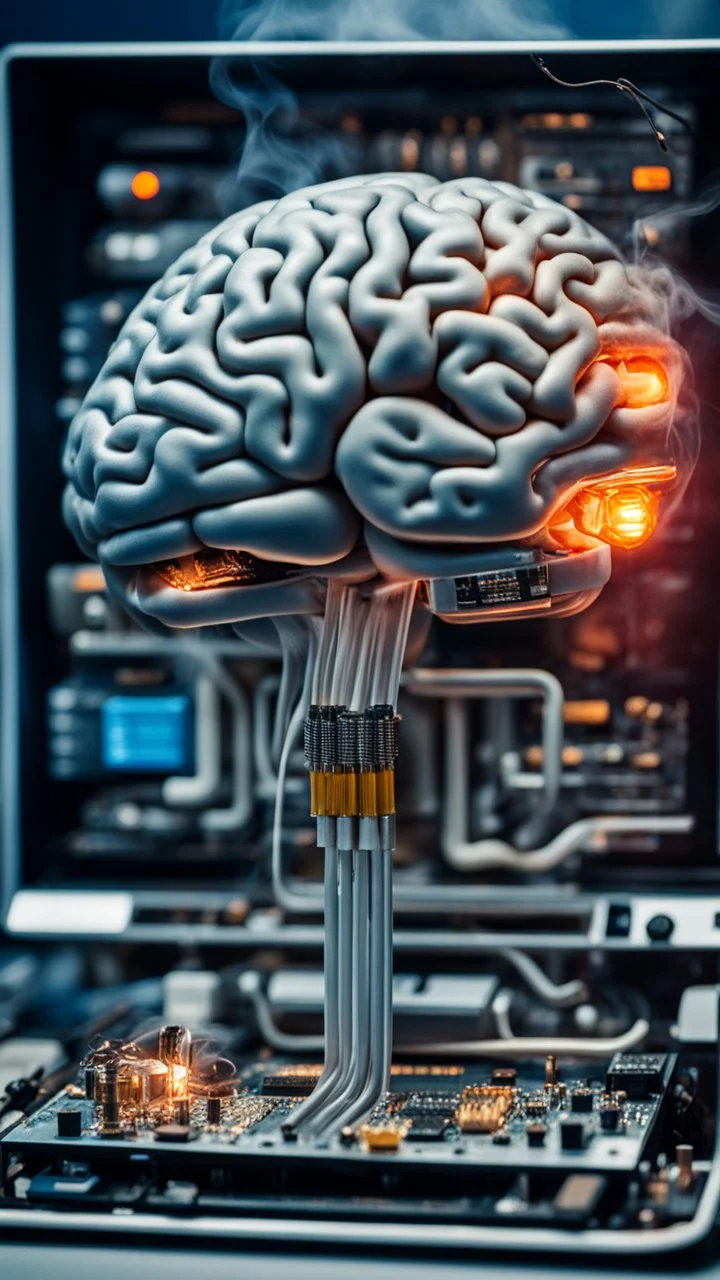 A smoking brain in side a computer component chips and mini lcd lamps