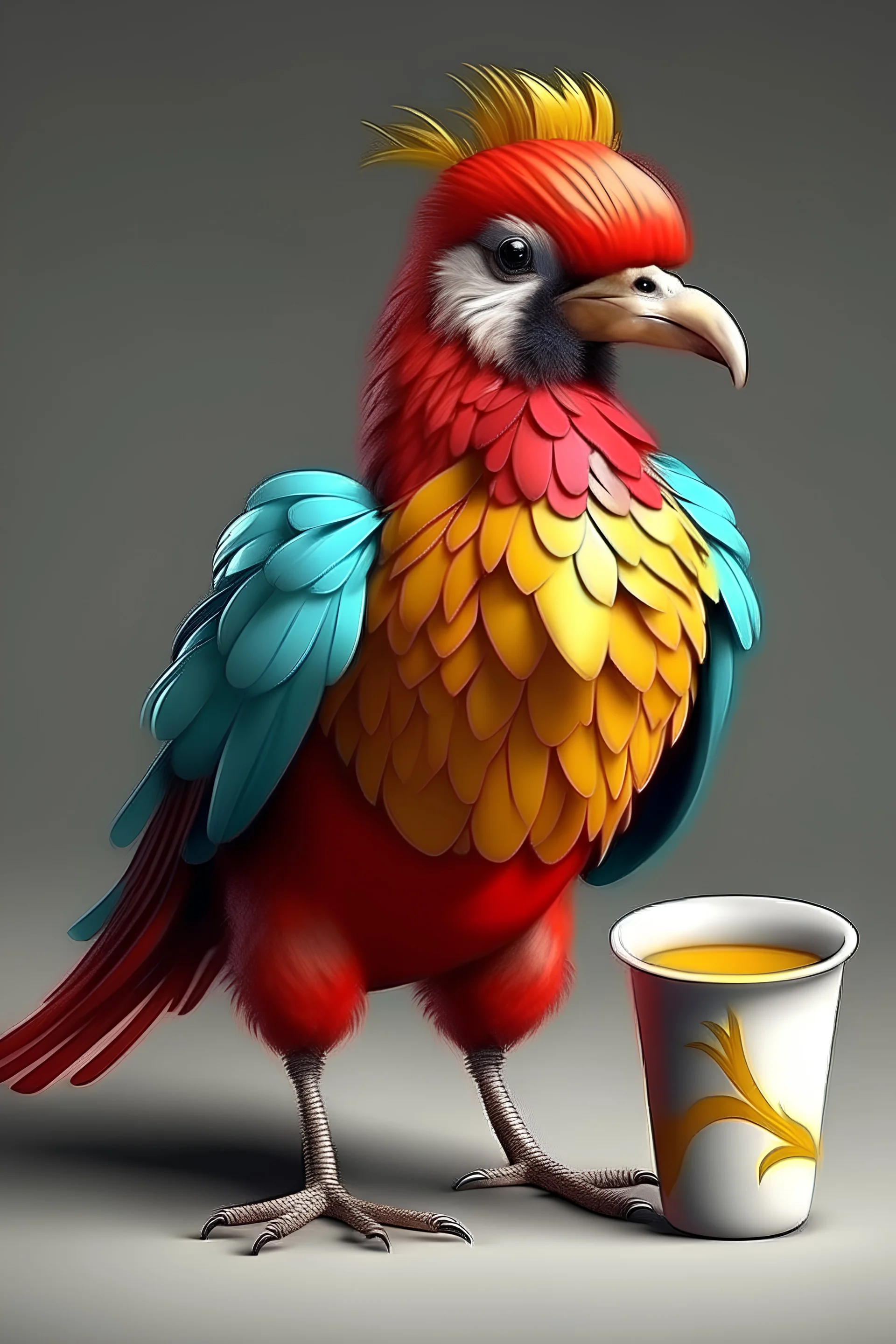 Realistic, colorful feathered bird turako looks full-length in the center and offers to drink coffee from a plastic cup and holds the cup with one wing, and with the other shows a cup of coffee 16k