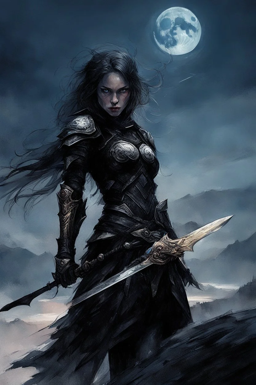 A formidable warrior girl in black armor defends herself with a shiny sword, against the background of a gloomy castle and scary mountains illuminated by a blue moon, a fabulous scary hero, juicy emotions, painting, gloomy fantasy, gloomy day, dark world,, without a background, oil and graphite, wide strokes, a weaving frame around, by Ryohei Hase, Agnes Cecile, Raymond Swanland, Anne Bachelier