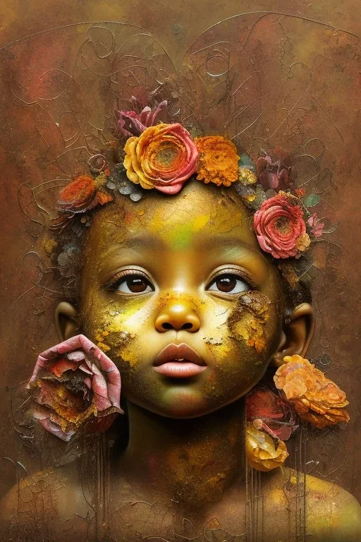 an abstract painting of rusted metal and flowers, heart filled with love African baby, rust, scaffolding, iron cladding, decay, mixed media, textured, anatomically correct, beautiful perfect face, sharp focus, highly detailed