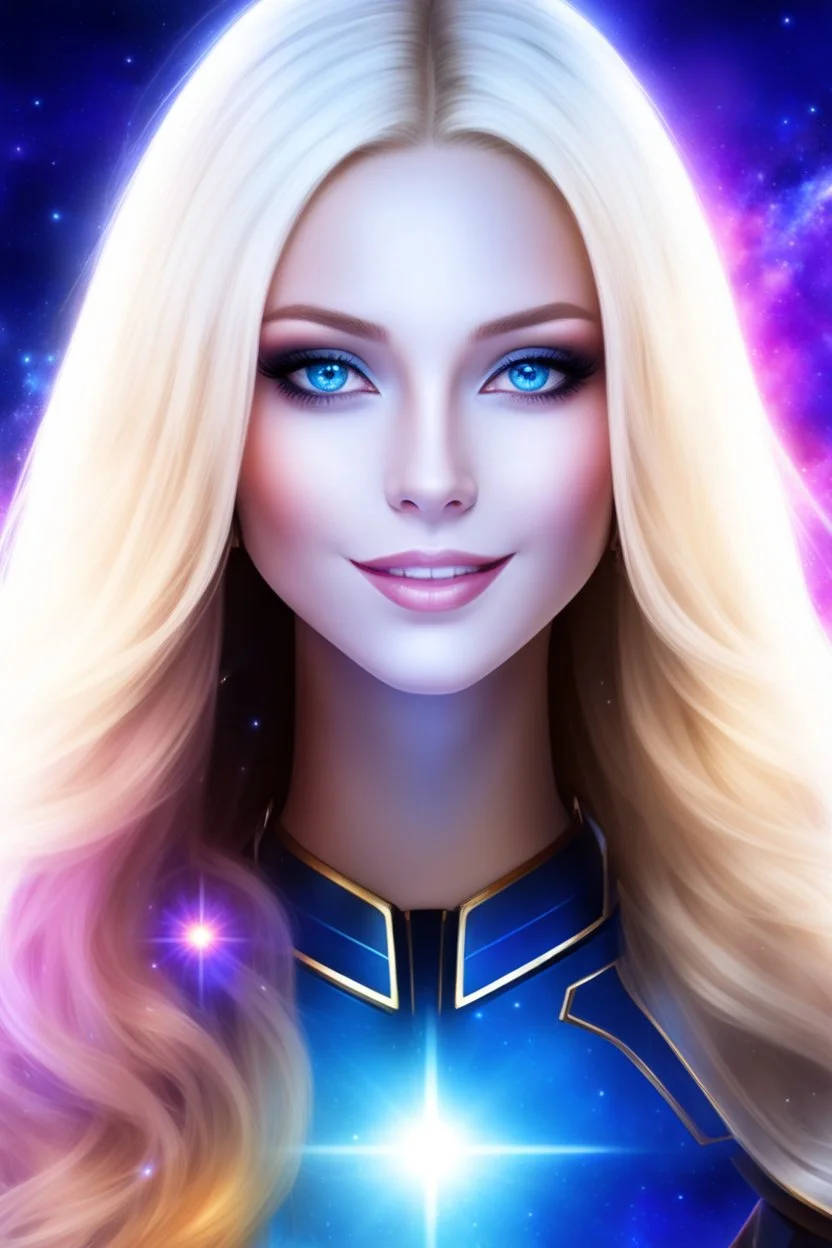 cosmic woman smile, admiral from the future, galactic confédération, fine whole face, crystalline skin, expressive blue eyes,rainbow, smiling lips, very nice smile, costume pleiadian, Beautiful tall woman pleiadian Galactic commander, ship, perfect datailed golden galactic suit, high rank, long blond hair, hand whit five perfect detailed finger, amazing big blue eyes, smilling mouth, high drfinition lips, cosmic happiness, bright colors, blue, pink, gold, jewels, realist, high,rainbows