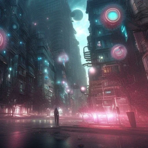 3d anime, Alien post apocalyptic night city, amazing detail, realistic, flowers, 8K, cinematic lighting, unreal engine